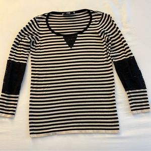 Beyond Vintage- Black and White Stripe Sweater with Lace Details
